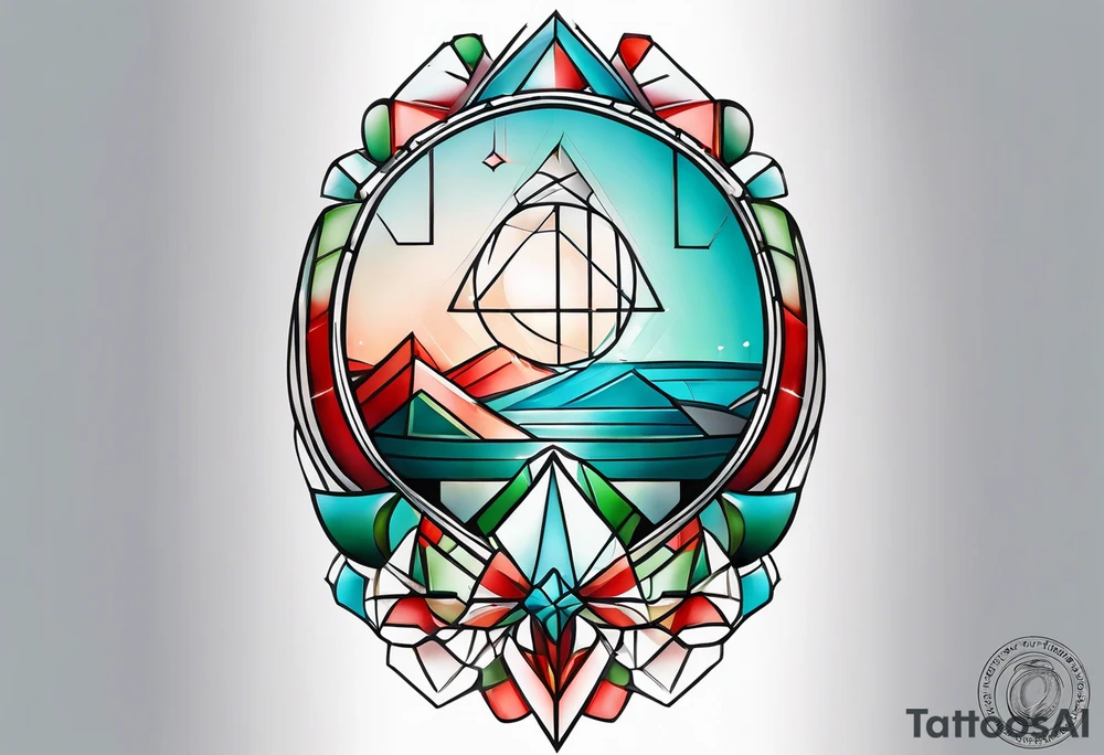 geometric style tattoo on knee with baby blue, red, and green accents. steel helical pier tattoo idea