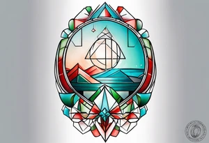 geometric style tattoo on knee with baby blue, red, and green accents. steel helical pier tattoo idea