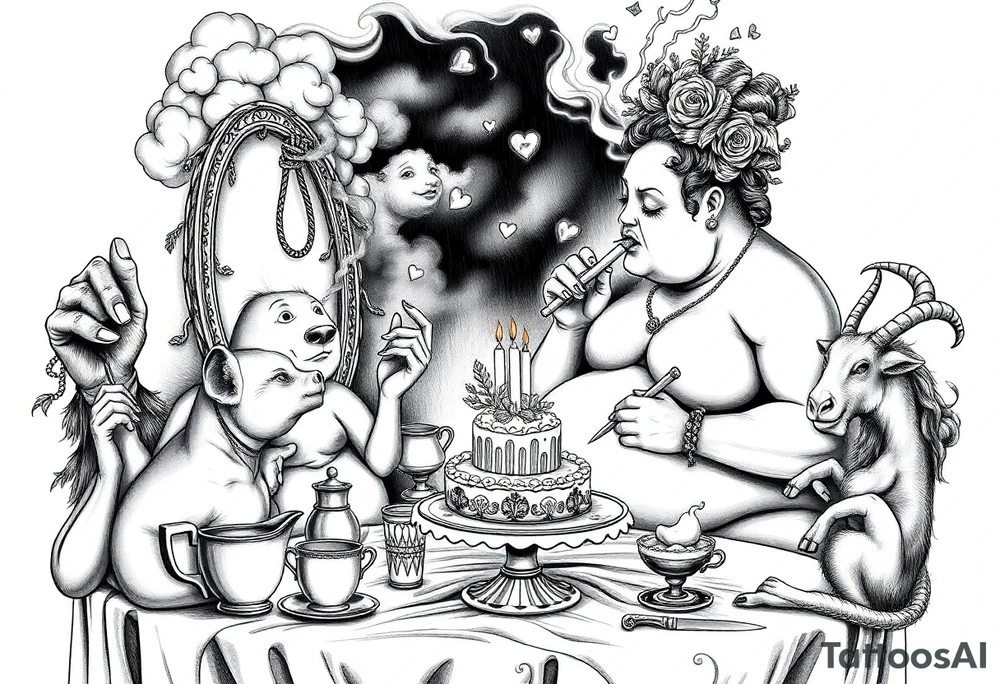 naked fat lady having a tea party with tea pots and 
with a pig, peacock, noose, lion, goat, smoking cigerettes looking in the mirror having sex with a man eating a cake thru storm clouds with knife and broken hearts and darkness and wrath tattoo idea