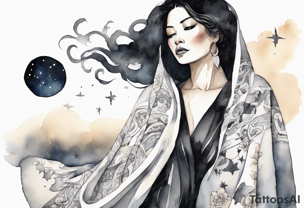 a watercolor of a beautiful 40-year-old latina woman wearing black and white cloak with the night sky in the background tattoo idea