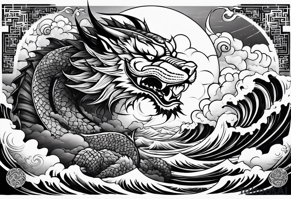 A strip with a dragon, a samurai, an oni and a tiger with waves bellow and clouds above with the sun and the moon tattoo idea
