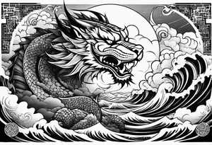 A strip with a dragon, a samurai, an oni and a tiger with waves bellow and clouds above with the sun and the moon tattoo idea