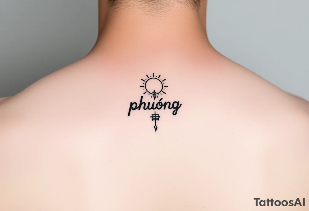 Word "phuong" written vertical with sun inner arm tattoo idea