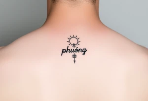 Word "phuong" written vertical with sun inner arm tattoo idea
