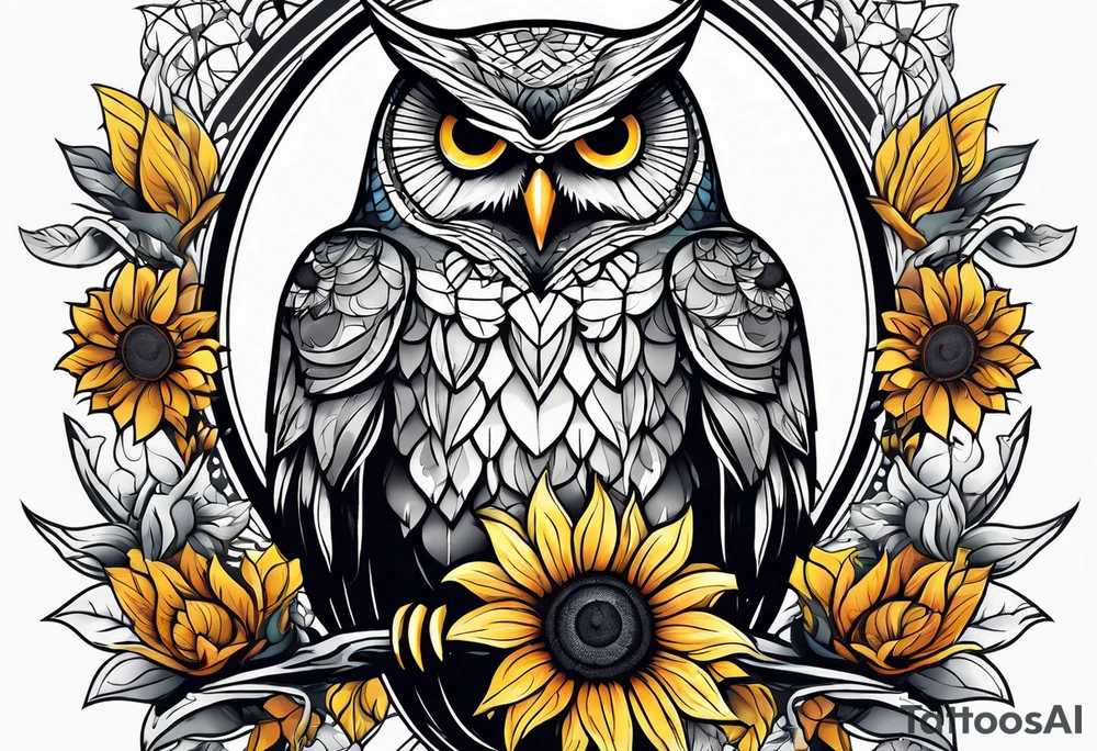 Owl and sunflower sleeve tattoo idea