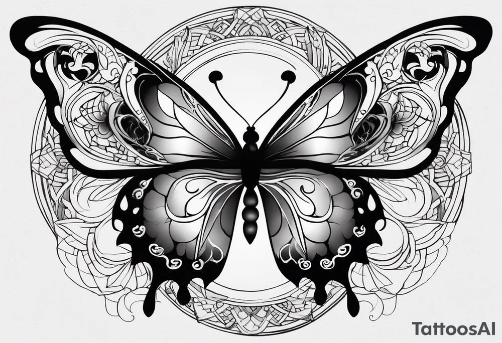 Delicate butterfly design with one wing embodying air and earth, the other wing symbolizing fire and water, with a soft yin-yang symbol subtly woven into the center for balance and harmony. tattoo idea