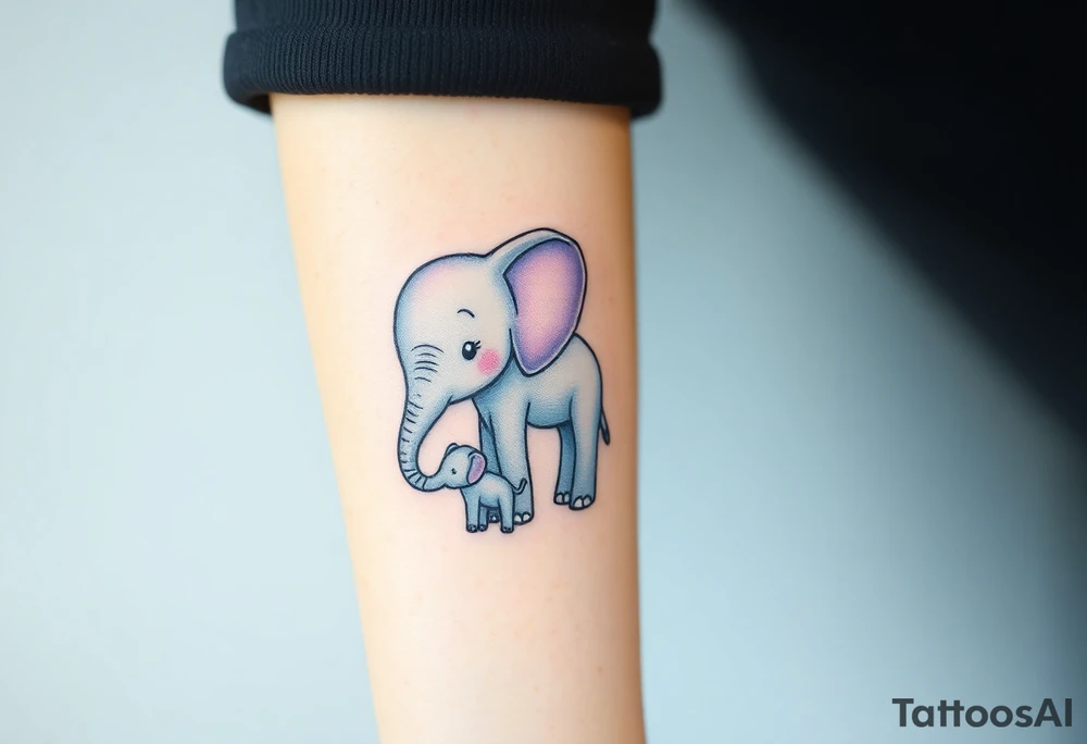 A mother elephant  with her baby holding her tail, with soft blues and purples representing wisdom and protection. tattoo idea