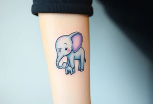 A mother elephant  with her baby holding her tail, with soft blues and purples representing wisdom and protection. tattoo idea