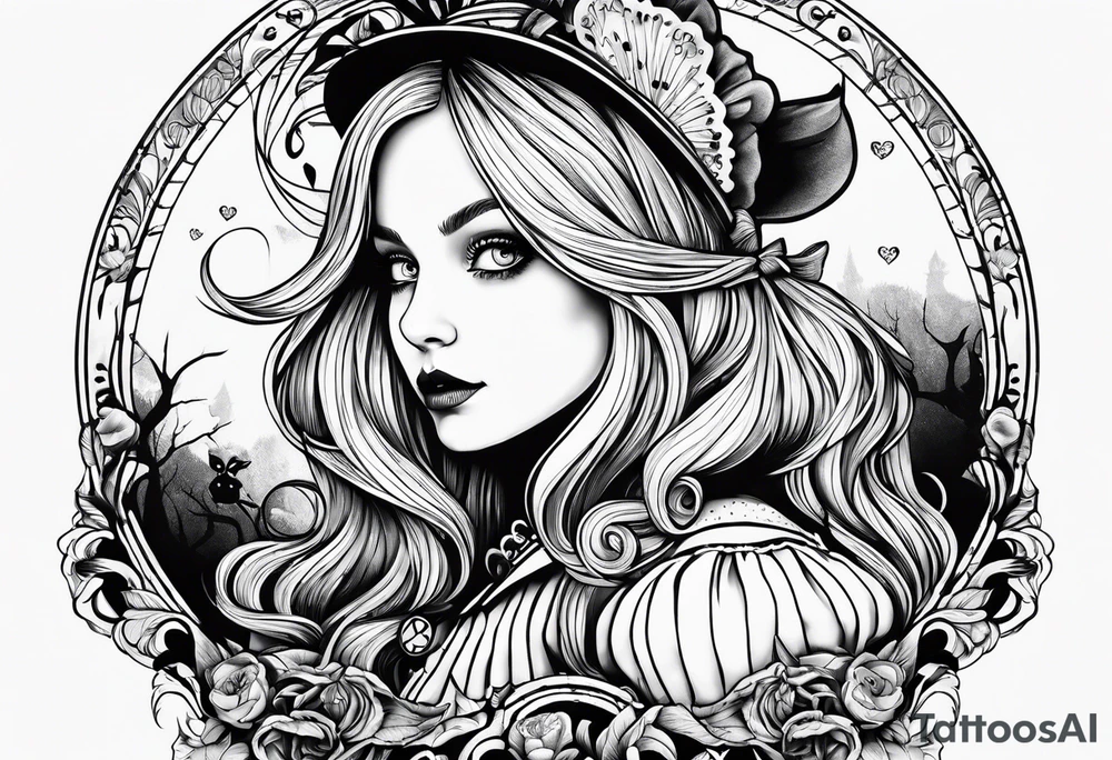 Alice in wonderland, Alice solo facing the viewer, simple tattoo idea