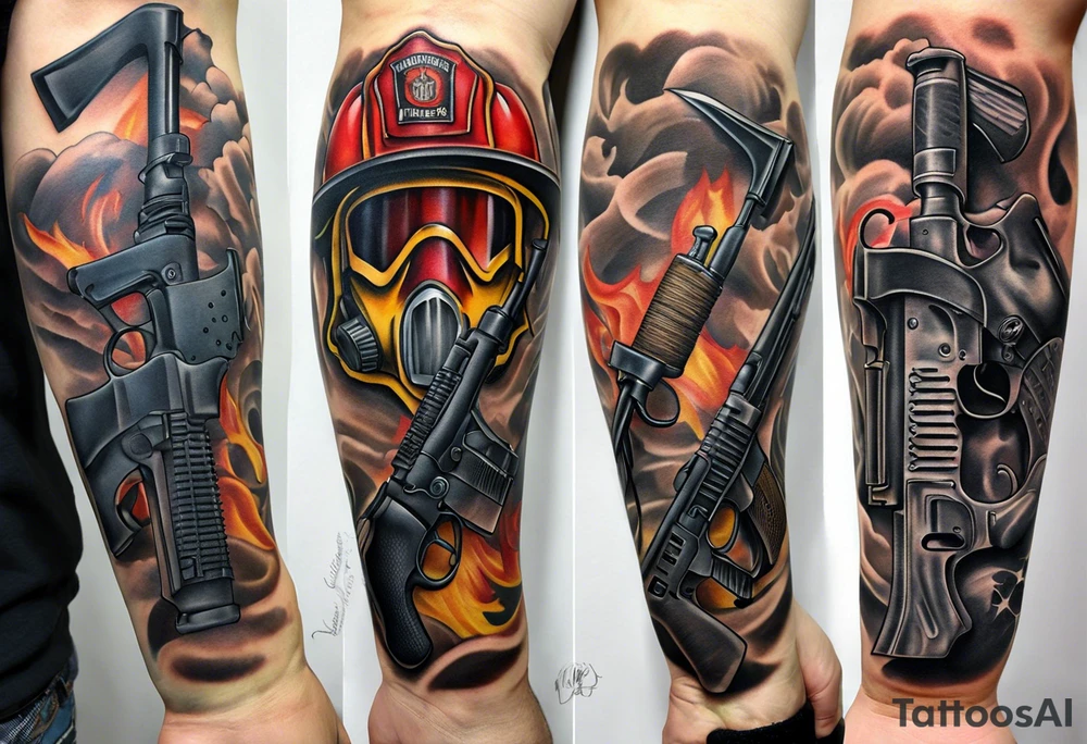 A forearm tattoo that includes an M4 Carbine rifle, a Beretta M9 pistol, a firefighter's hose with nozzle, and a firefighter's halligan bar and flathead axe tattoo idea