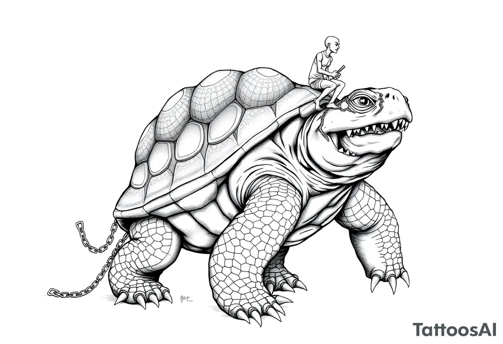 A giant walking 2 slaves on a chain leashan angry turtle with huge teeth with a little man riding on his back tattoo idea