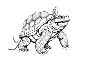 A giant walking 2 slaves on a chain leashan angry turtle with huge teeth with a little man riding on his back tattoo idea