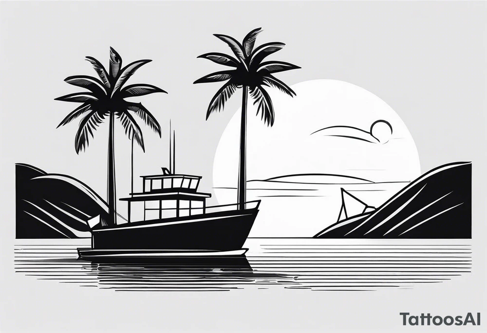 Clean lines palm tree boat sun tattoo idea