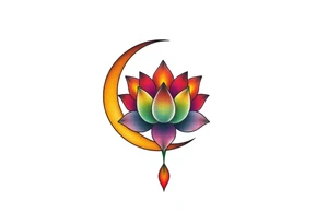 small colorful crescent moon with lotus flower tattoo idea