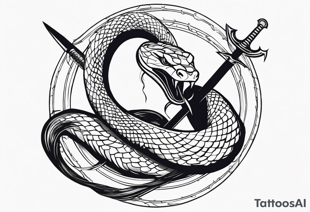 Aggresive Snake with a sword, this design must be in a vertical vertical proportion. Also, the desing must be minimalistic not saturated. tattoo idea