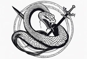 Aggresive Snake with a sword, this design must be in a vertical vertical proportion. Also, the desing must be minimalistic not saturated. tattoo idea