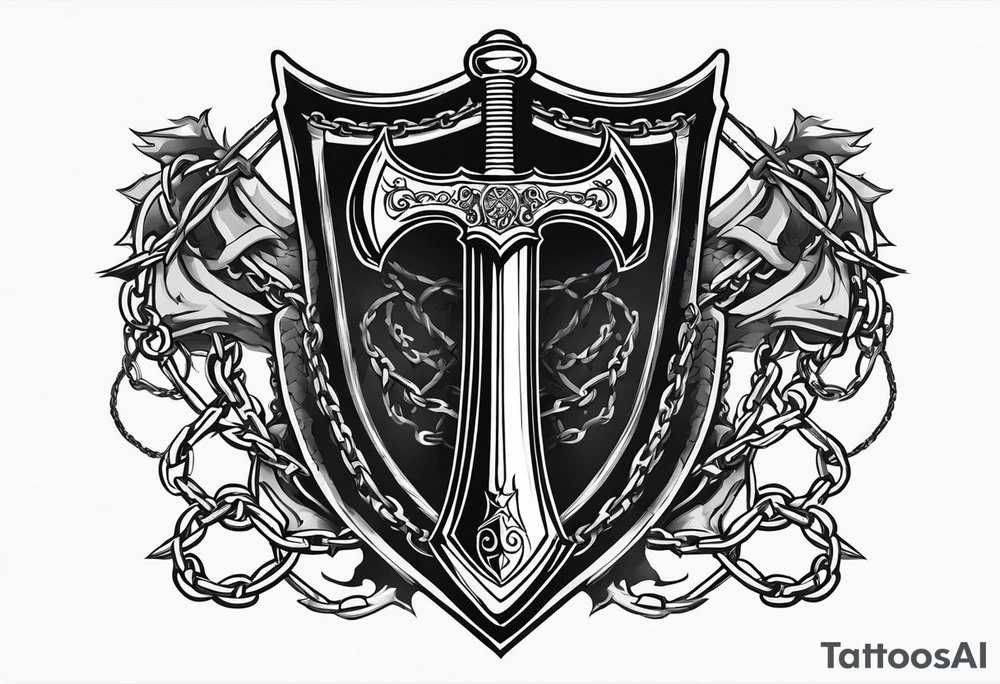 Valhalla sword shield axe barbed wire chains dark cloud tattoo idea