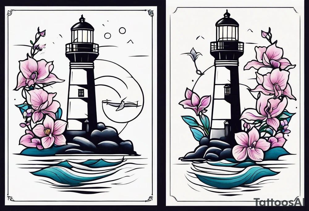 Lighthouse with an anchor and orchids tattoo idea