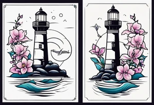Lighthouse with an anchor and orchids tattoo idea