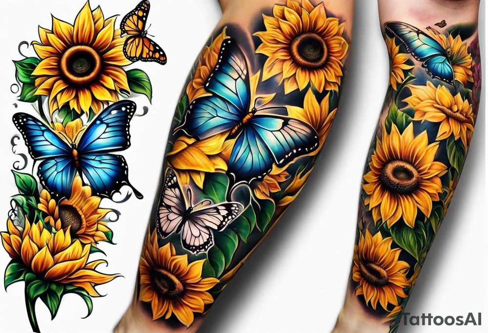 Sunflower and butterfly leg sleeve tattoo idea