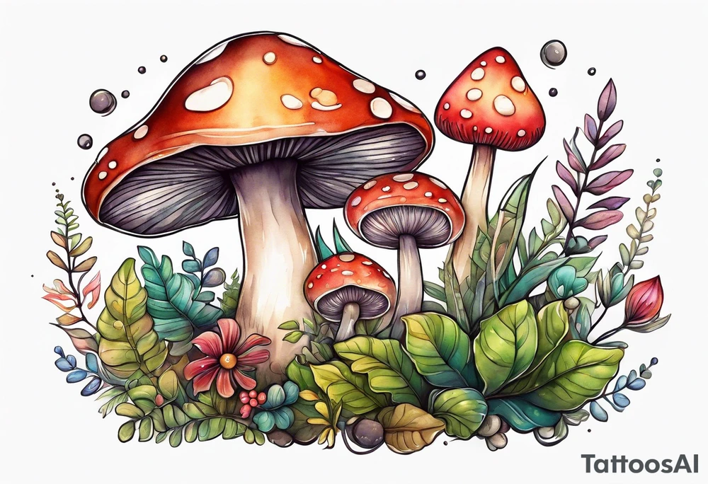 Happy mushroom surrounded by smaller plants tattoo idea