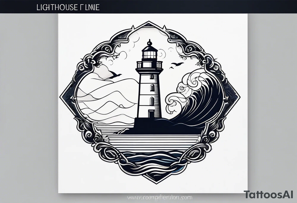 lighthouse in very fine line with a rough sea tattoo idea