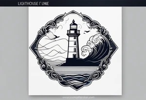 lighthouse in very fine line with a rough sea tattoo idea
