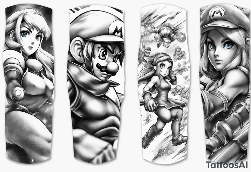 Arm sleeve with Mario, Samus Aran and Link in a realistic anime style tattoo idea