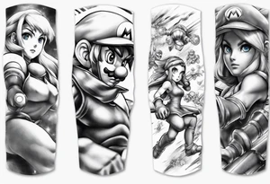 Arm sleeve with Mario, Samus Aran and Link in a realistic anime style tattoo idea