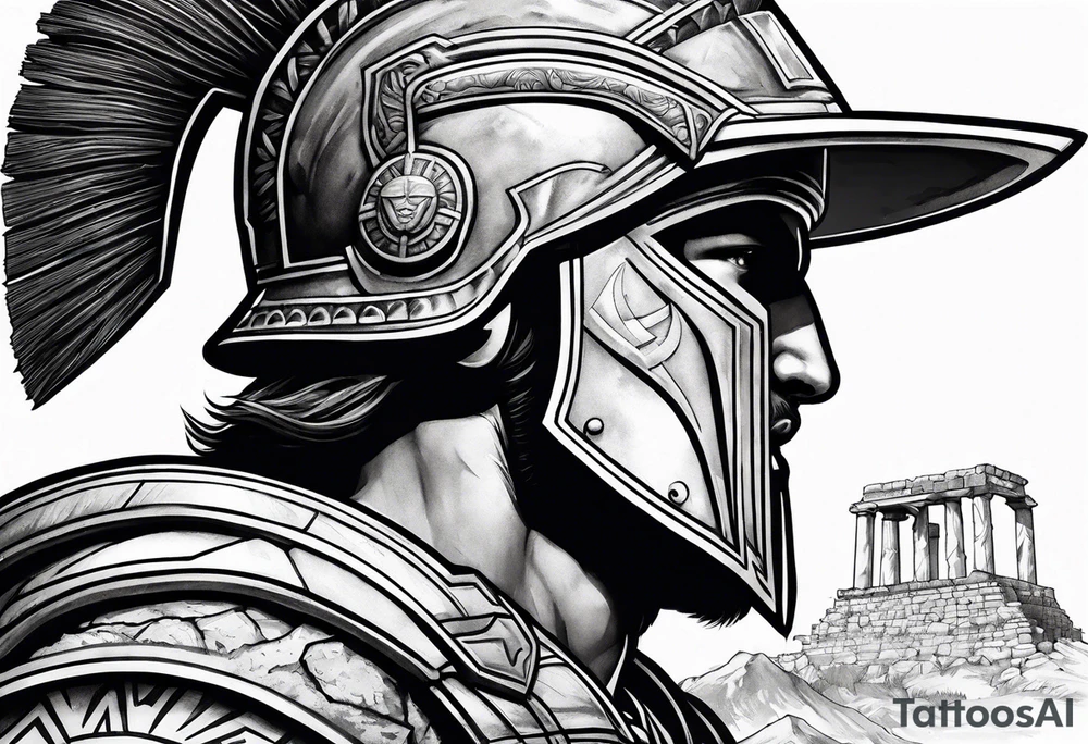 left Side profile of spartan soilder with ancient ruins in background tattoo idea