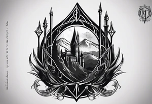 Lord of the rings with Harry Potter incorporated but clear visual of both movies. Small and minimal. Something like the deathly hallows symbol made out of swords and wizard staff from LOTR tattoo idea