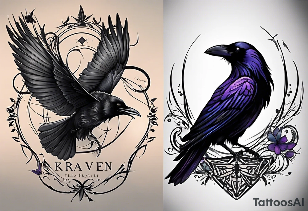 A raven and a butterfly flying together. 
The butterfly and the raven are the same size
In the background is the name Malia.
In the background is the name SKF.
The number 89 can be seen in the background.
There is also a scorpion in the wing of the butterfly. tattoo idea