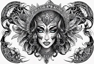 kali ma, alien goddess, valkrye, aries, cosmic pirate, divine feminine, zenza resonance, pachamama, lotus azul, blank panther, eagle, skull, 5D, nueva gaya, dna 12, left side chest tatoo tattoo idea