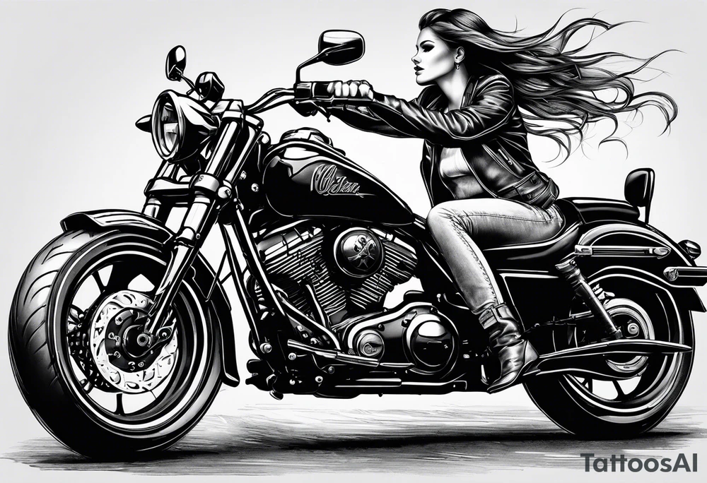 Bikergirl mit zwei boxer brads sitzt auf einen motorrad tattoo idea