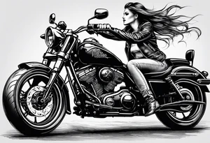 Bikergirl mit zwei boxer brads sitzt auf einen motorrad tattoo idea