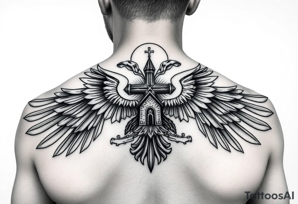 an actual russian coat of arms with the eagles wings spanning out on my back neck across my shoulders / traps with a orthodox christian church being visible in a mountainous sun beaming setting, with the russian orthodox cross spire of the orthodox church being visible on my neck with a sun beaming in the background that the cross sits inside tattoo idea