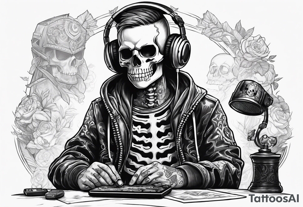 Kid wearing a skeleton costume playing video games tattoo idea