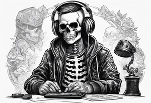 Kid wearing a skeleton costume playing video games tattoo idea
