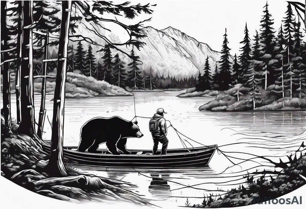 bear, forest, lake, small man on a fishing boat, appalachia, arm sleeve tattoo tattoo idea