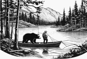 bear, forest, lake, small man on a fishing boat, appalachia, arm sleeve tattoo tattoo idea