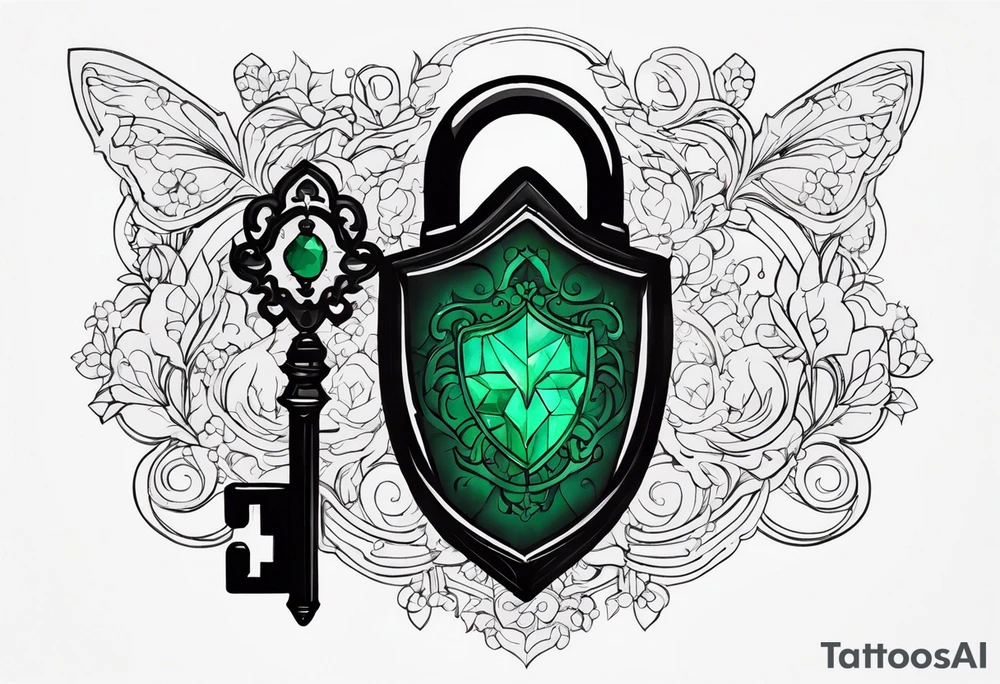 Lock and key with emerald stone tattoo idea