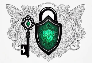 Lock and key with emerald stone tattoo idea