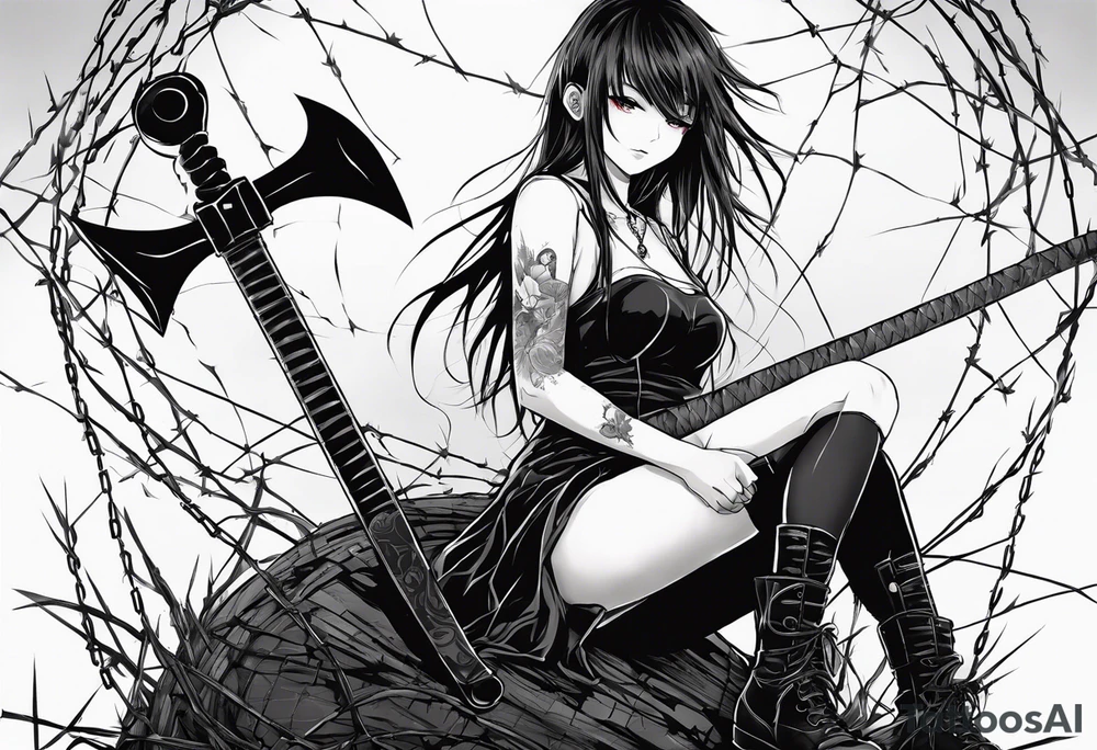 a bleeding anime girl holding an axe, sitting on a ball, surrounded by barbed wire tattoo idea