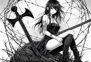 a bleeding anime girl holding an axe, sitting on a ball, surrounded by barbed wire tattoo idea