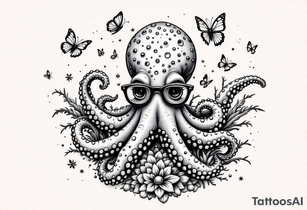cute octopus, wearing glasses, friendly, surrounded by butterflies and oceanic items, grey ink, monochrome grey color tattoo idea
