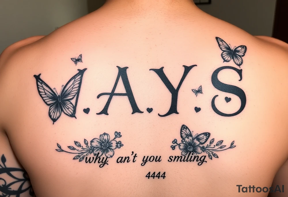 W.A.Y.S spelled out with why aren’t you smiling under neath it with flowers, butterflies and hearts with 444 tattoo idea
