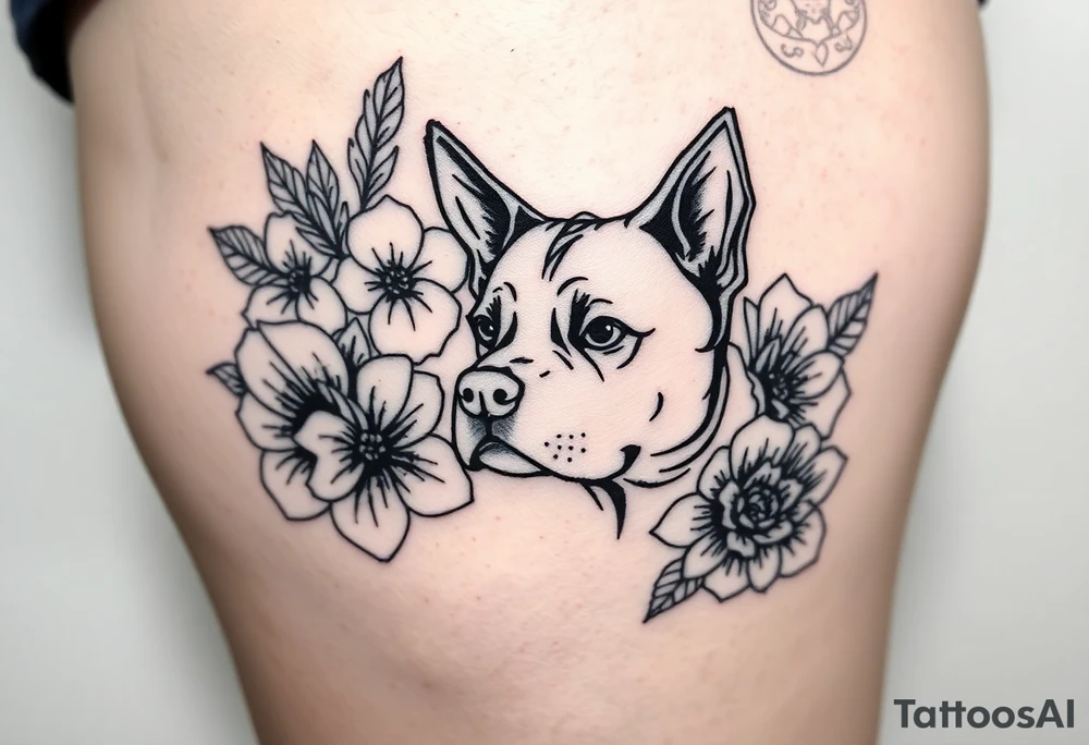 Floral design with peonies with an silhouette outline of a dogs face tattoo idea