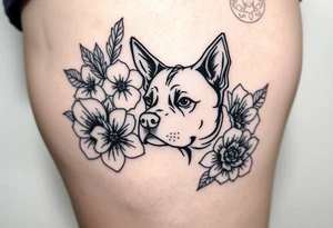 Floral design with peonies with an silhouette outline of a dogs face tattoo idea