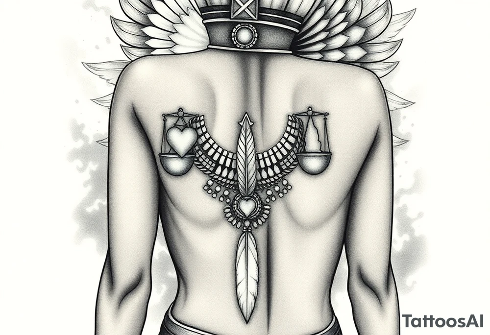 Sexy Egyptian goddess with a curvy body, breasts showing, and wide hips. She is wearing an ostrich feather headdress, and intricate ancient Egyptian jewelry the Anhk necklace. Background includes something similar to heaven. Incorporate the Scales of Justice—one side holding a heart, the other Ma’at’s feather—glowing with ethereal energy. Emphasize dramatic lighting, deep shadows, and surreal, mystical atmosphere tattoo idea