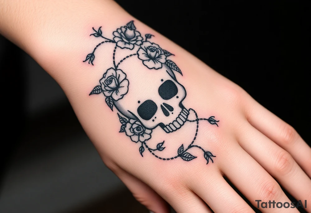 gothic skull intertwined with climbing roses and thorny vines tattoo idea